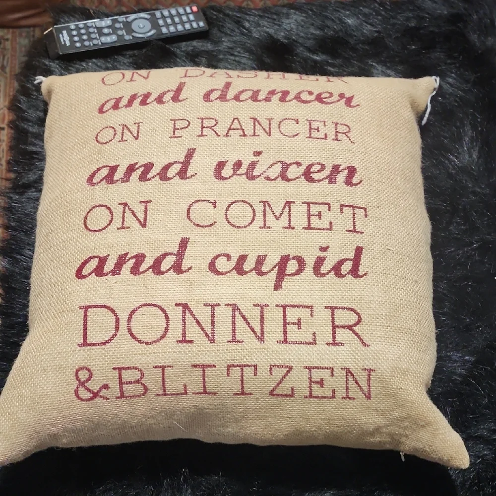 Festive Burlap Pillow with Red Text. NEW.